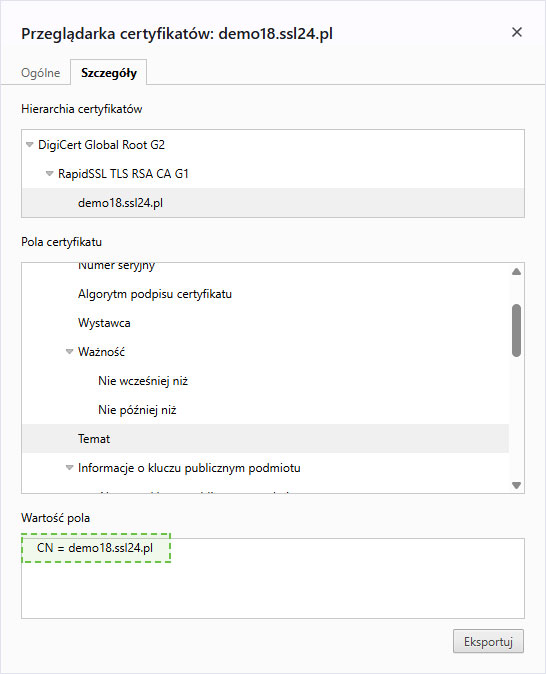 Podgląd danych certyfikatu DV w Google Chrome